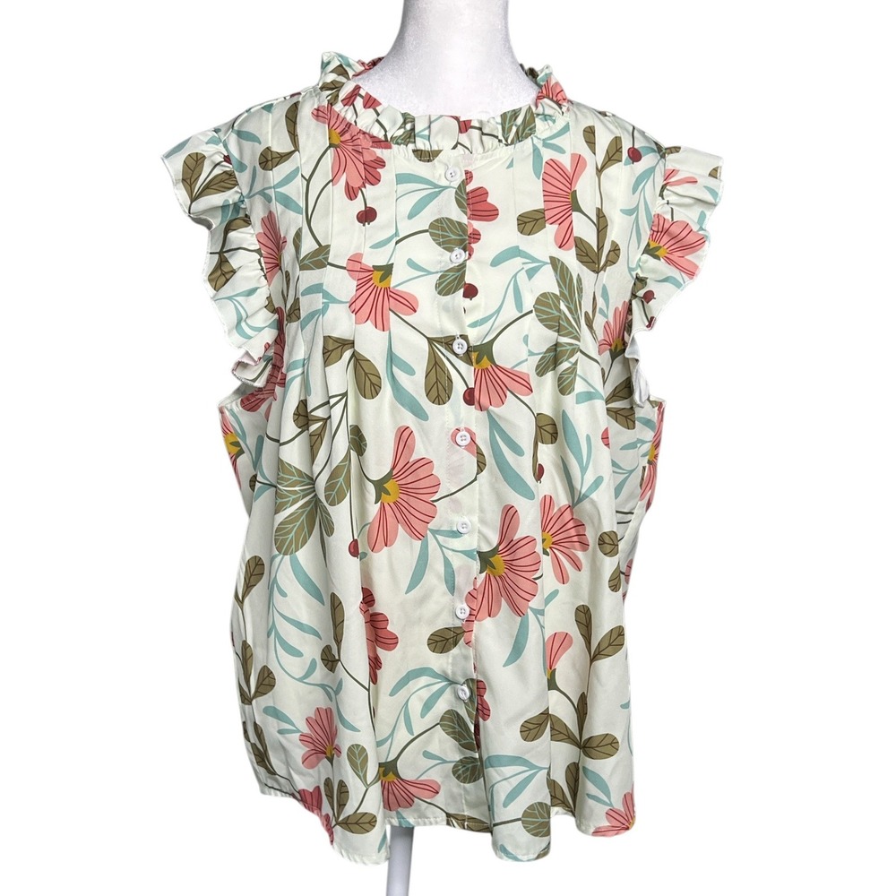 Fam Fam Floral Ruffle Sleeveless Blouse Button Down Top‎ Pink Green XL